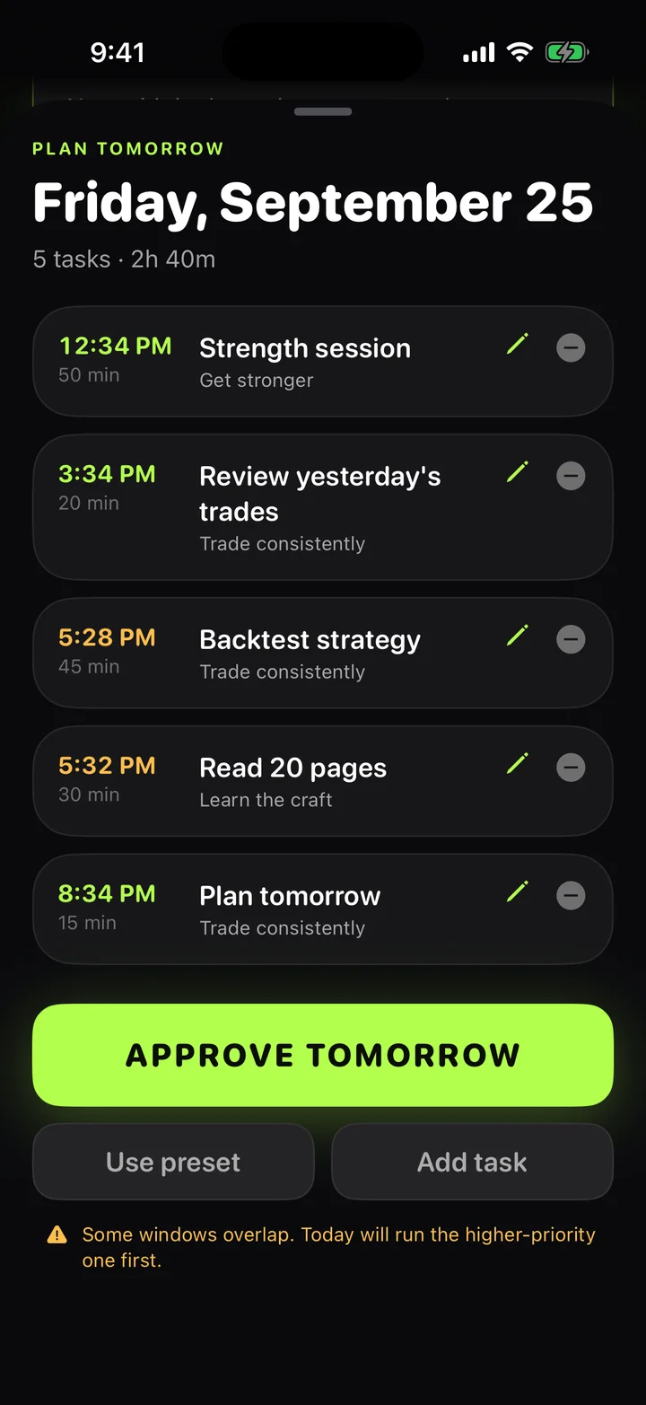 Locked In plan for tomorrow with five scheduled tasks and an Approve Tomorrow button