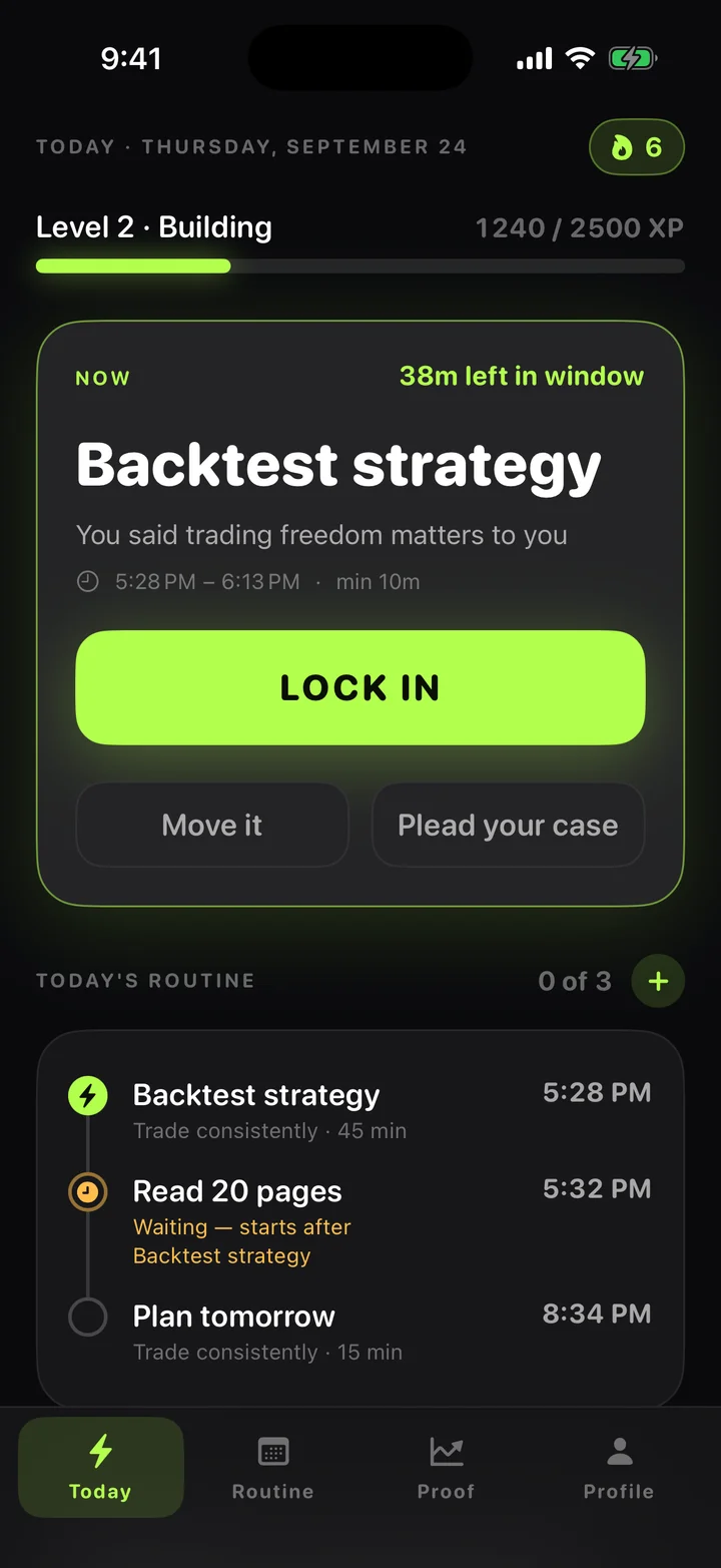 Locked In Today screen: your next task, a Lock In button and today’s routine